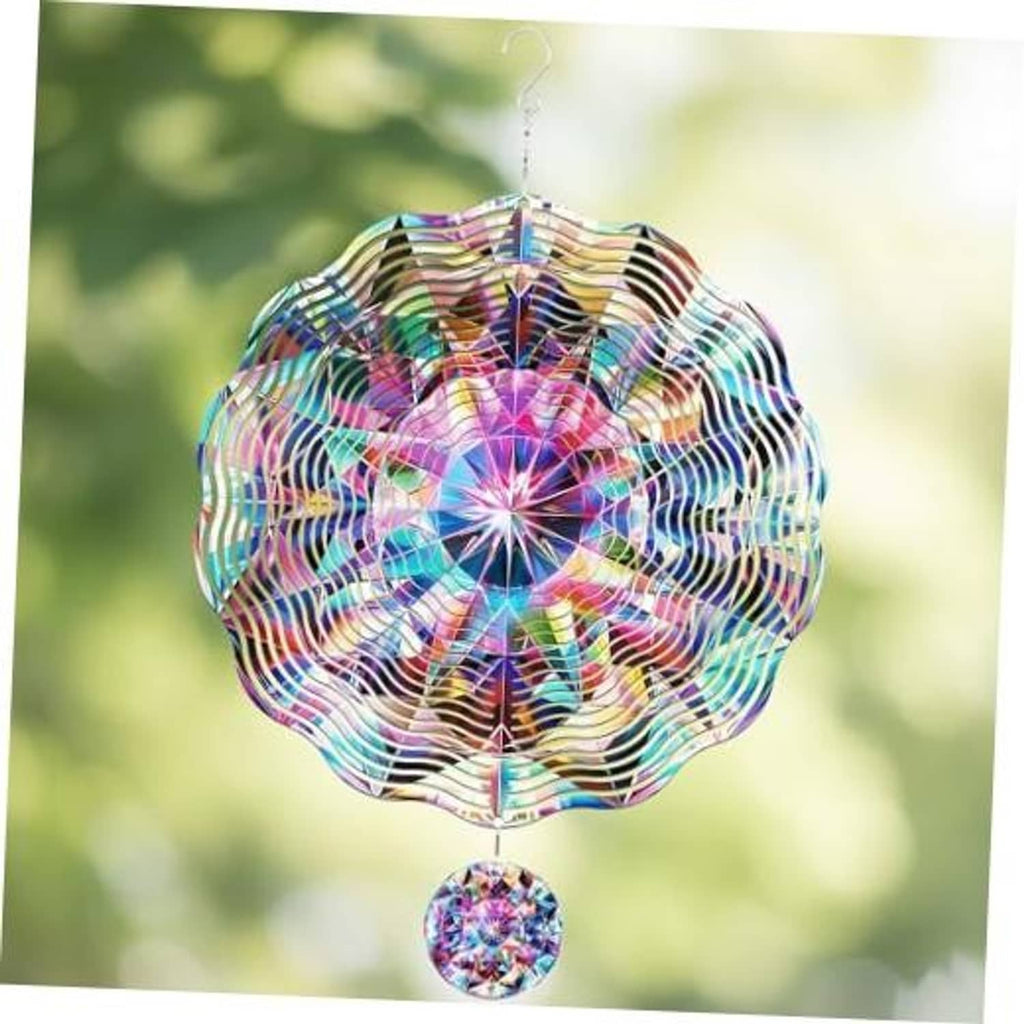 Rainbow 3D metal wind spinner with hanging mini disc, multi-lobed pinwheel design