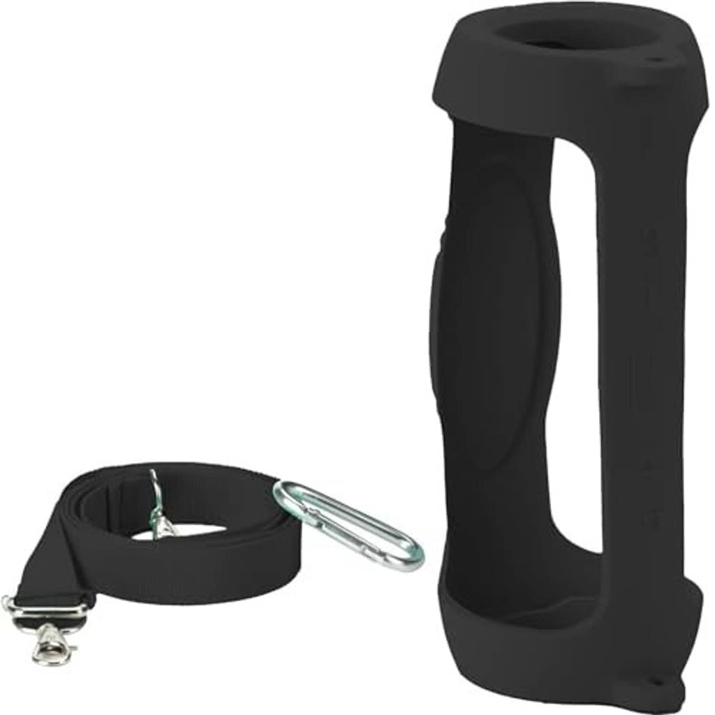 Black silicone JBL Charge 5 speaker case with shoulder strap and carabiner clips.