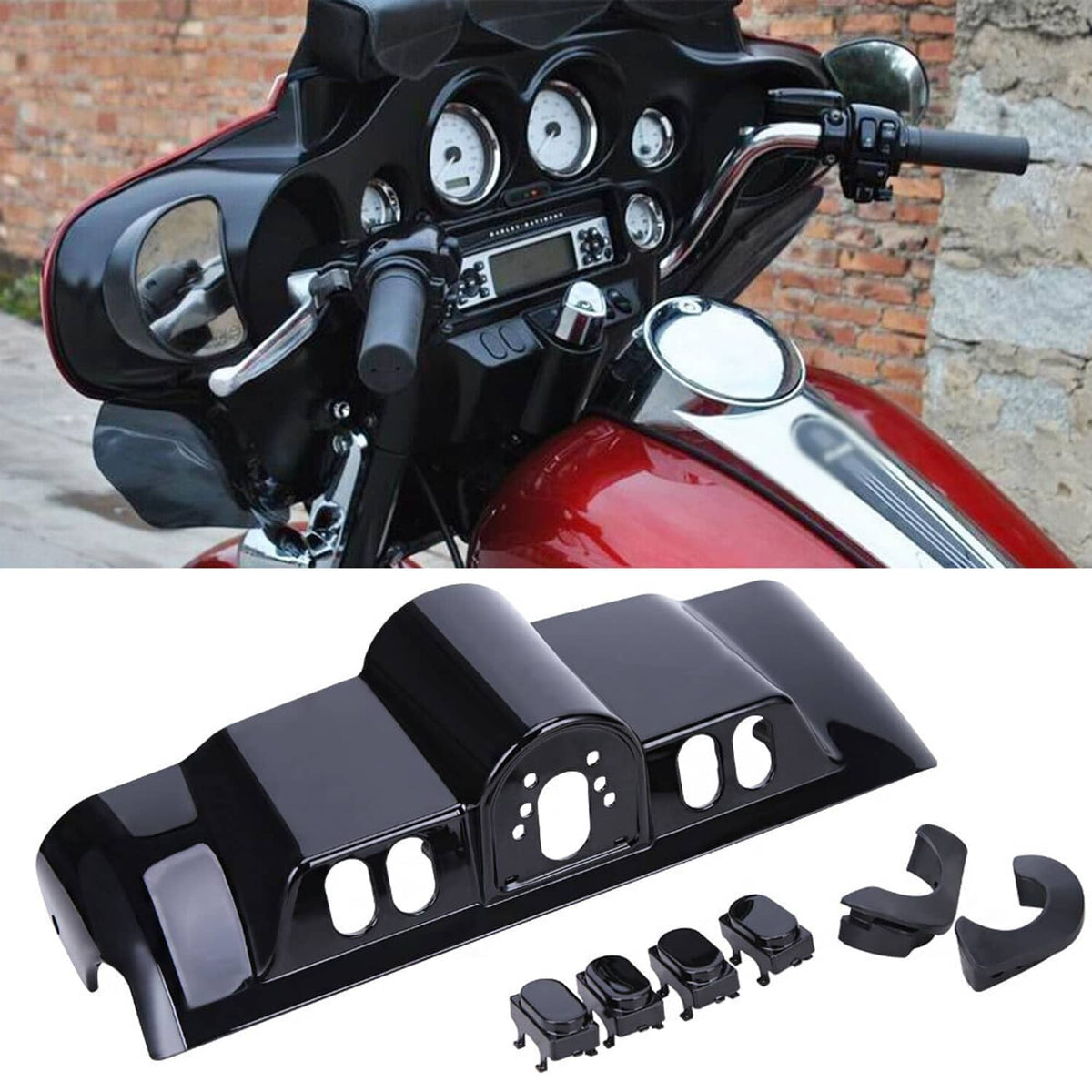 Black inner fairing switch cap kit with instrument panel cutouts and mounting brackets