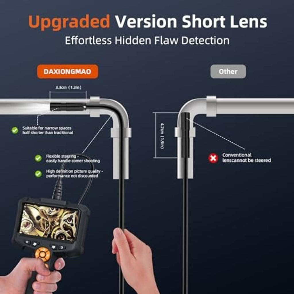 Borescope camera with short-lens probe and handheld display for tight spaces