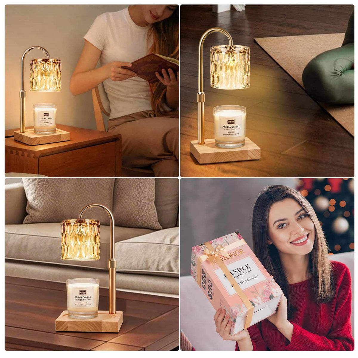 Gold candle warmer lamp with amber glass shade on a wooden side table