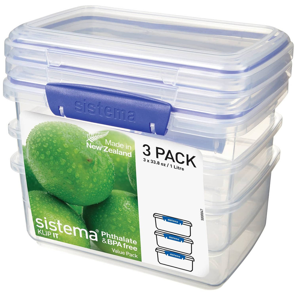 Sistema Klip It rectangular food storage container set, clear base with blue snap lid
