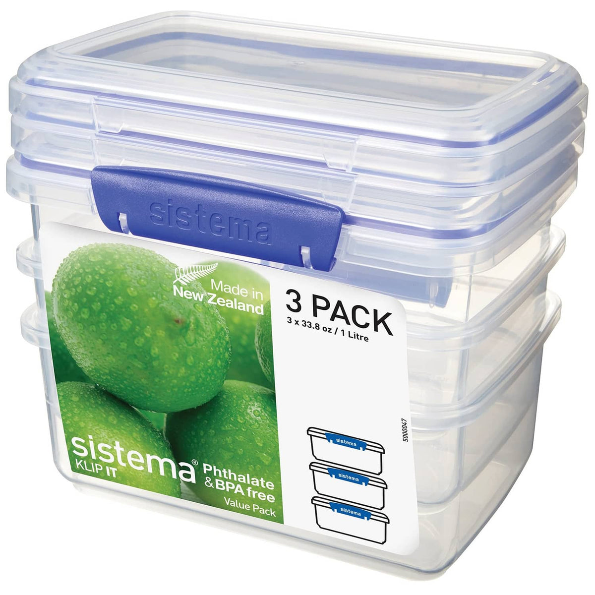 Sistema Klip It rectangular food storage container set, clear base with blue snap lid