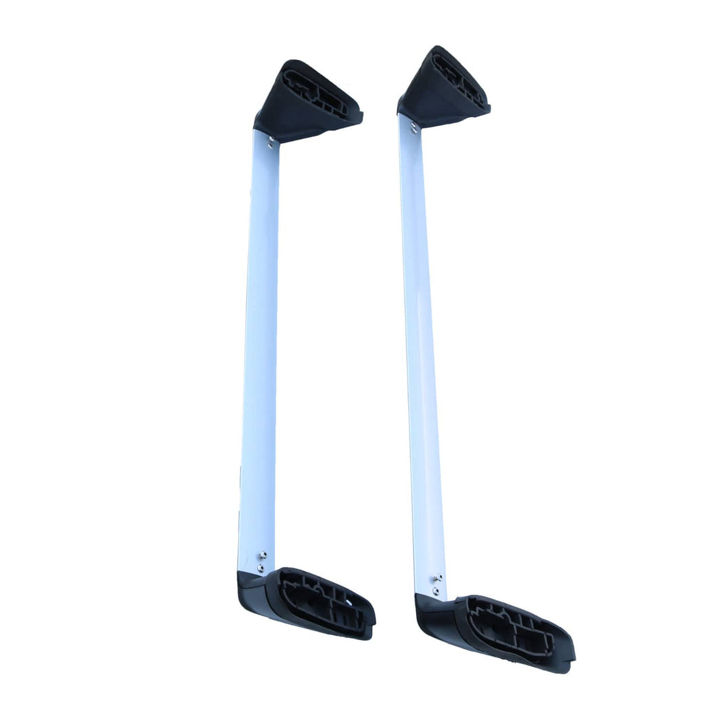 Roof rack cross bars kit with two silver bars and four black end feet mounts