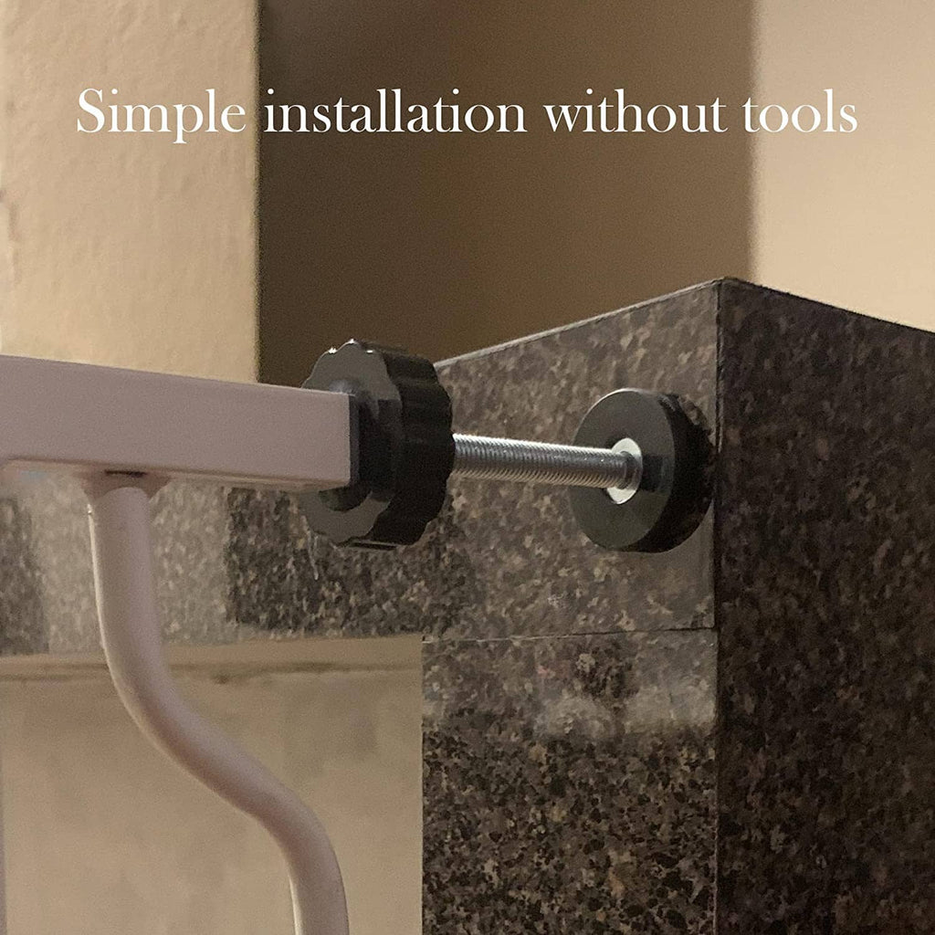 Installed baby gate threaded spindle rod with black wheel and rubber foot at wall mount