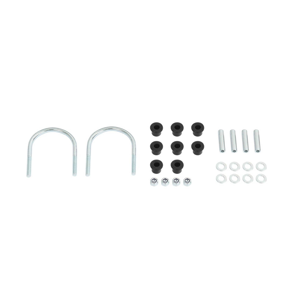 Rear leaf spring kit parts: two black springs, U-bolts, and assorted nuts and washers
