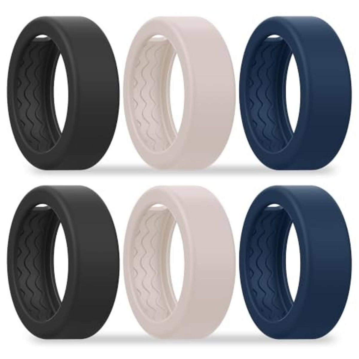 Six-pack silicone ring covers shown in black, light starlight, and dark blue