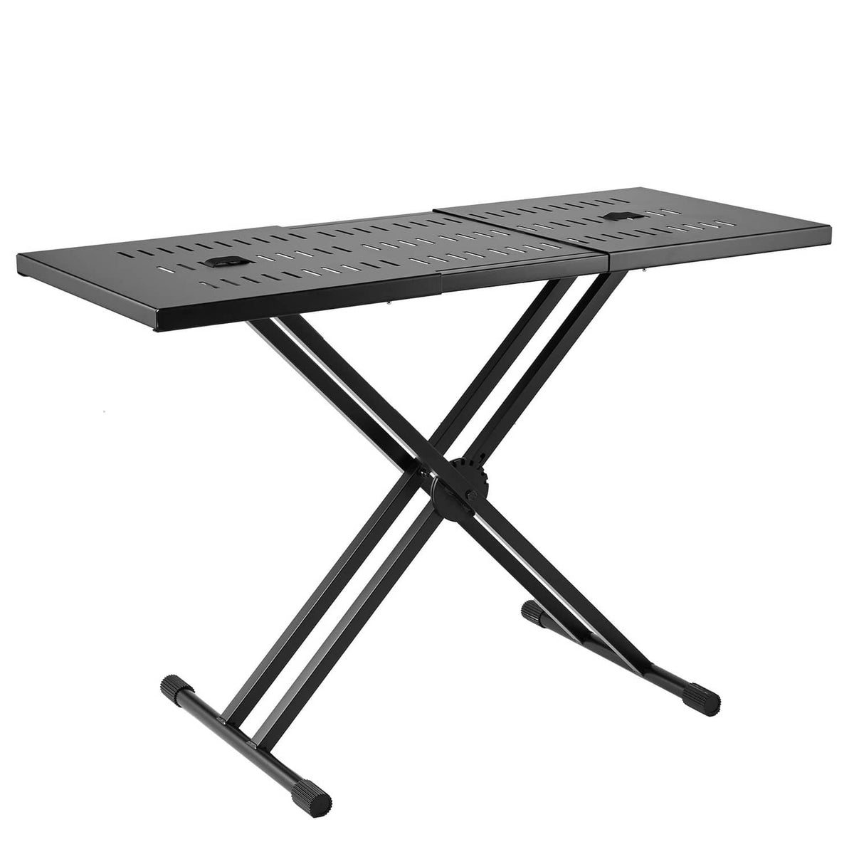 Portable DJ table with dark perforated tabletop and black double-X folding stand
