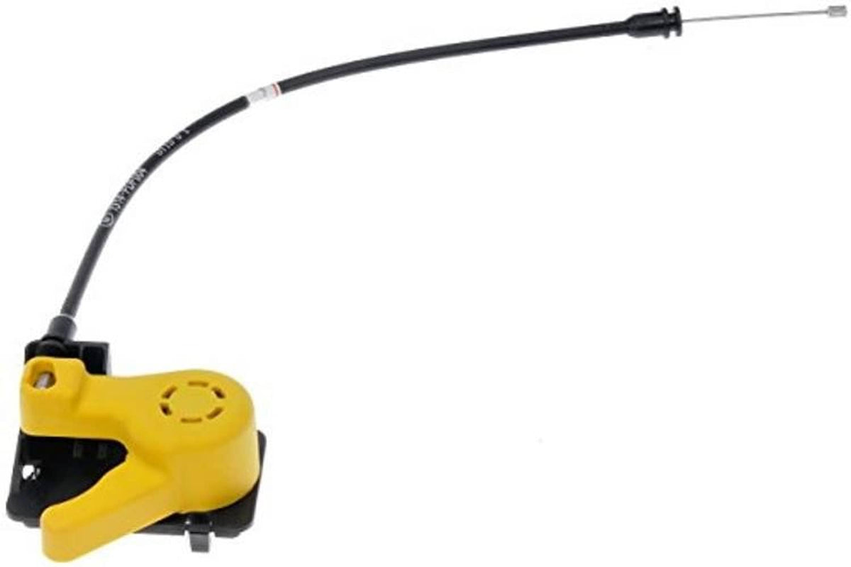 Yellow hood release cable latch with black cable and metal end fitting