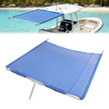 Blue boat sun shade with white aluminum frame and two support poles