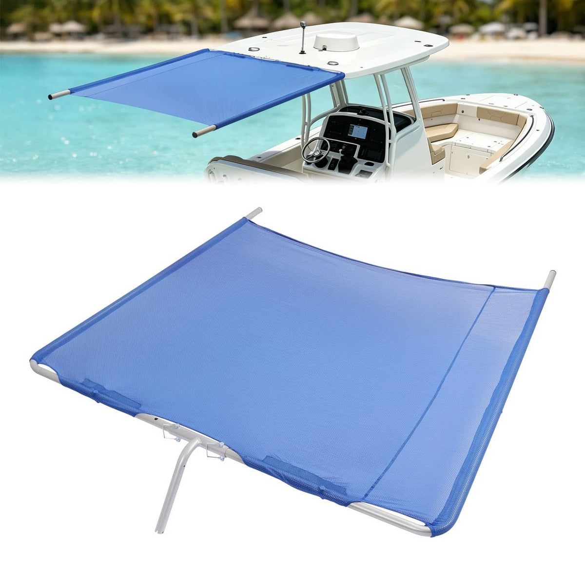 Blue boat sun shade with white aluminum frame and two support poles
