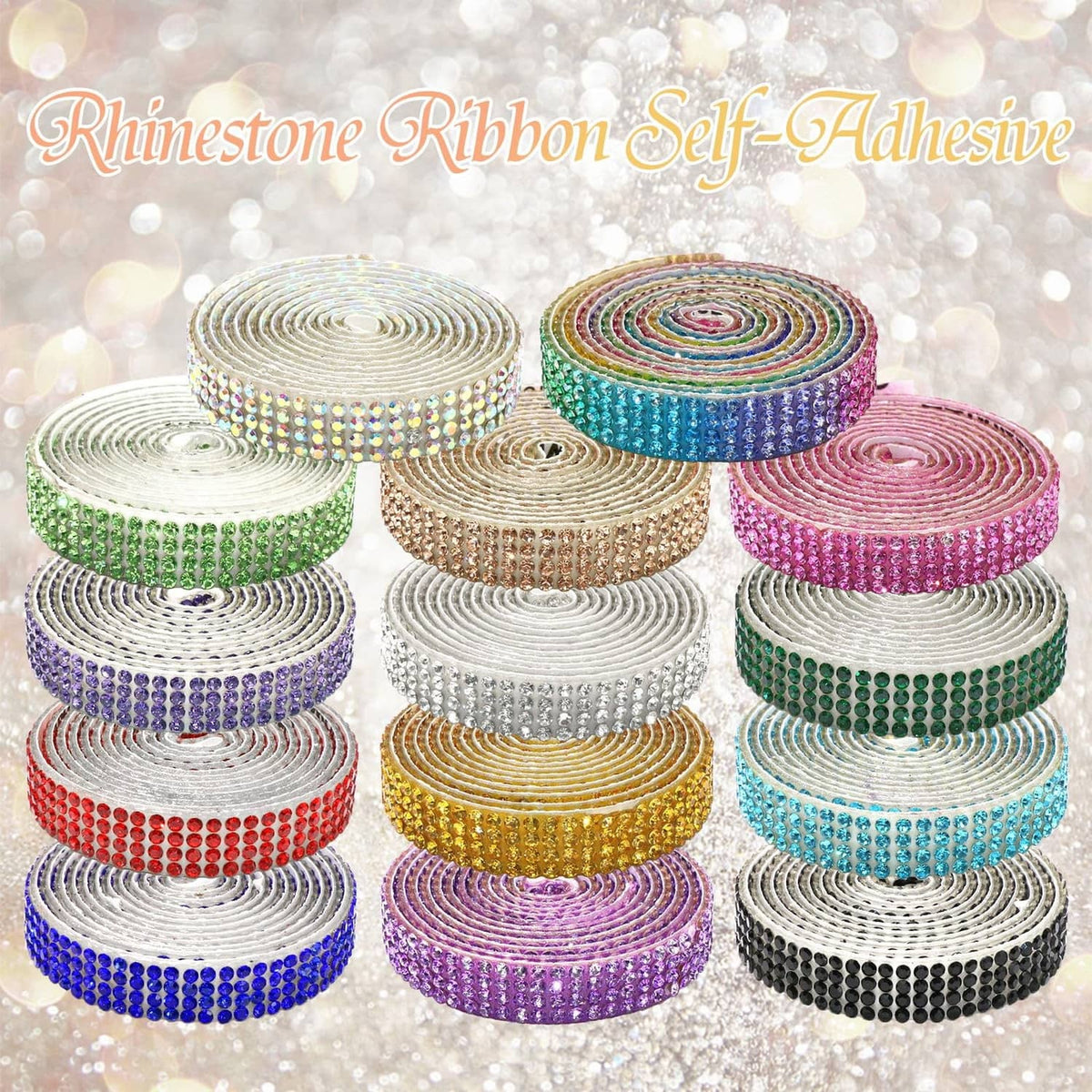 Self-adhesive rhinestone ribbon rolls with AB sparkle, assorted colors