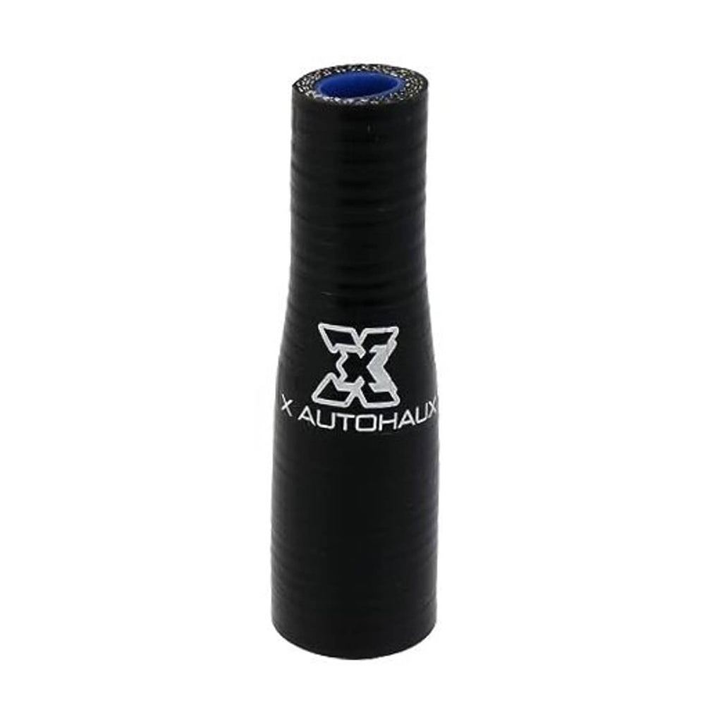 Black rubber straight hose reducer with blue inner opening and embossed logo