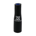 Black rubber straight hose reducer with blue inner opening and embossed logo