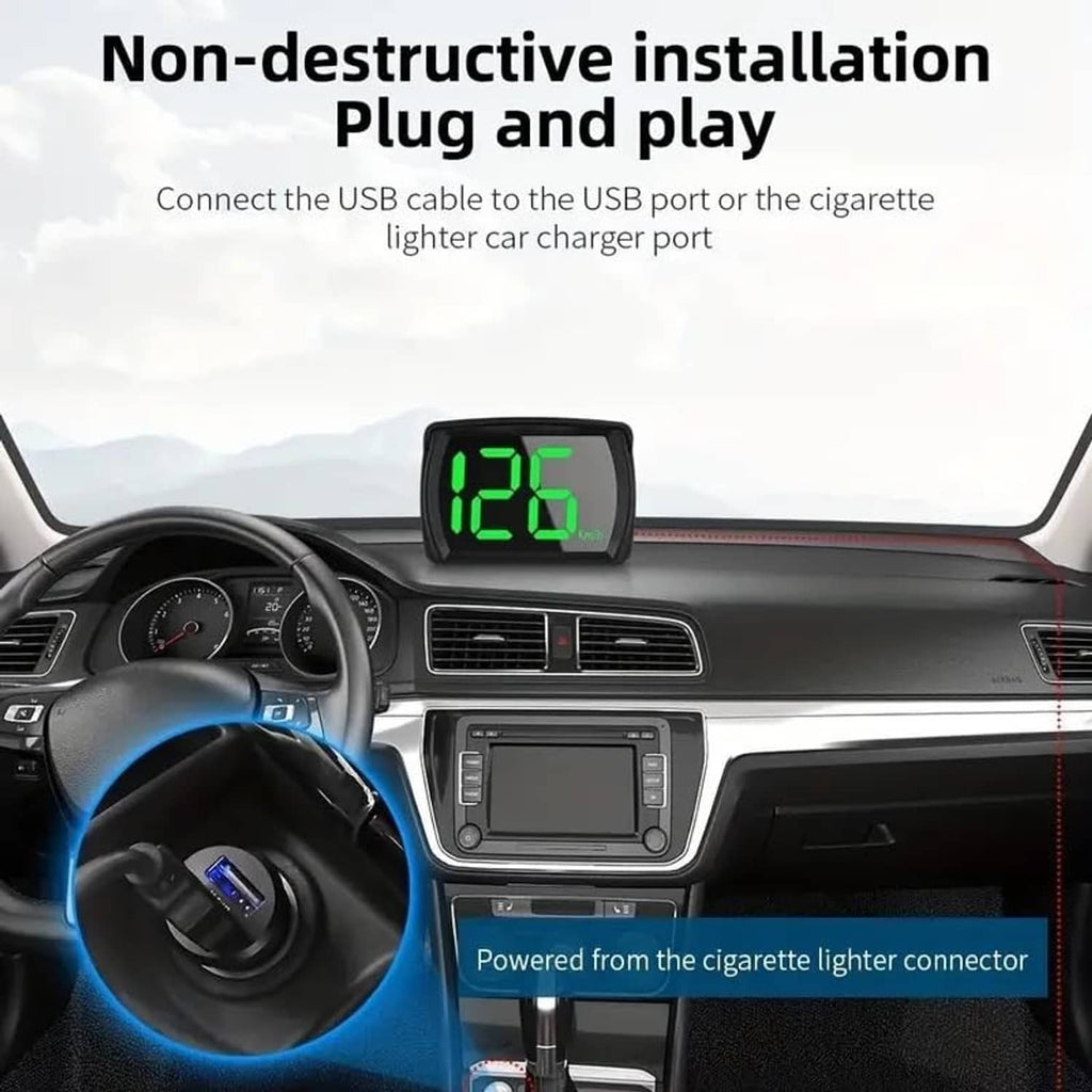 HUD speed display showing green digits mounted on car dashboard near center controls