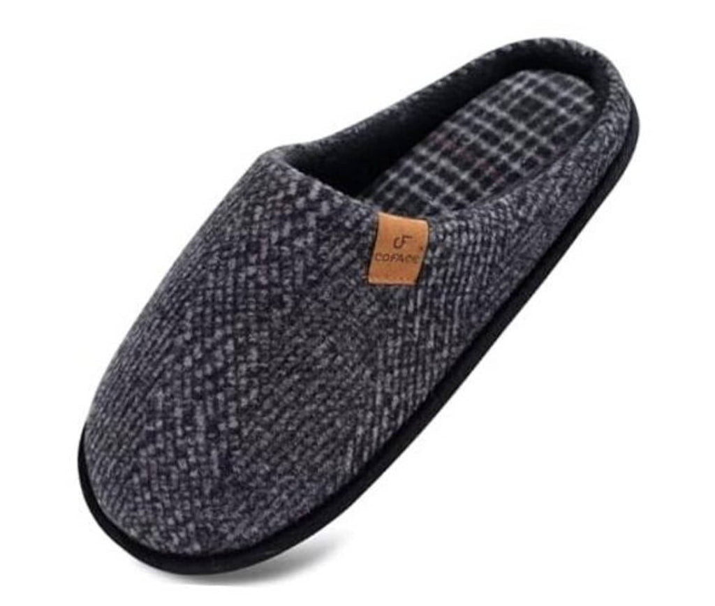 Men's memory foam house slippers, dark heather knit with black trim and plaid lining