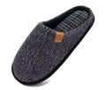 Men's memory foam house slippers, dark heather knit with black trim and plaid lining