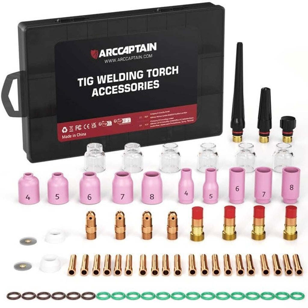 TIG welding torch accessories kit with pink ceramic nozzles, collets, and O-ring seals