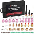 TIG welding torch accessories kit with pink ceramic nozzles, collets, and O-ring seals