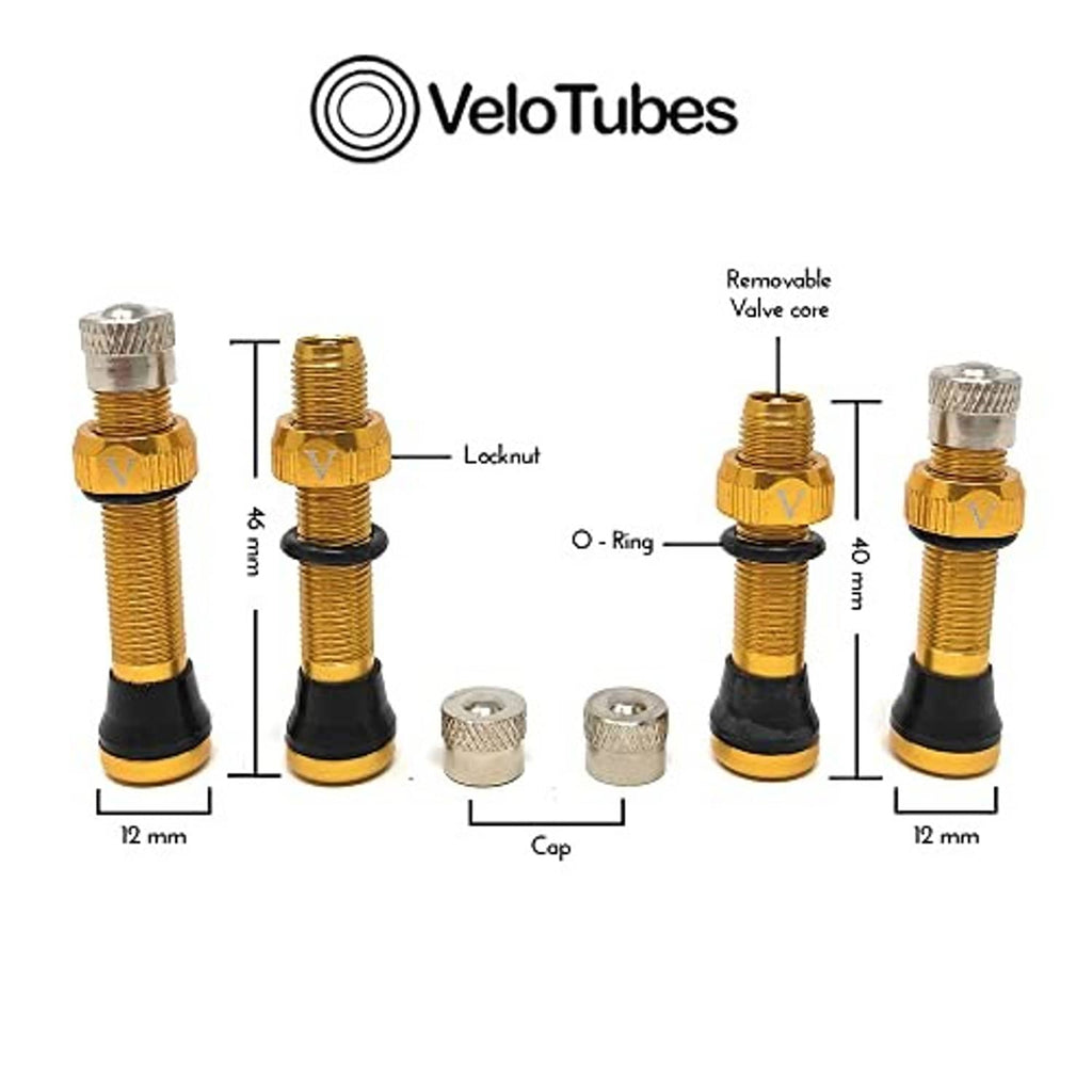 VeloTubes gold tubeless Schrader valve stems, 40 mm and 46 mm, cap and O-ring