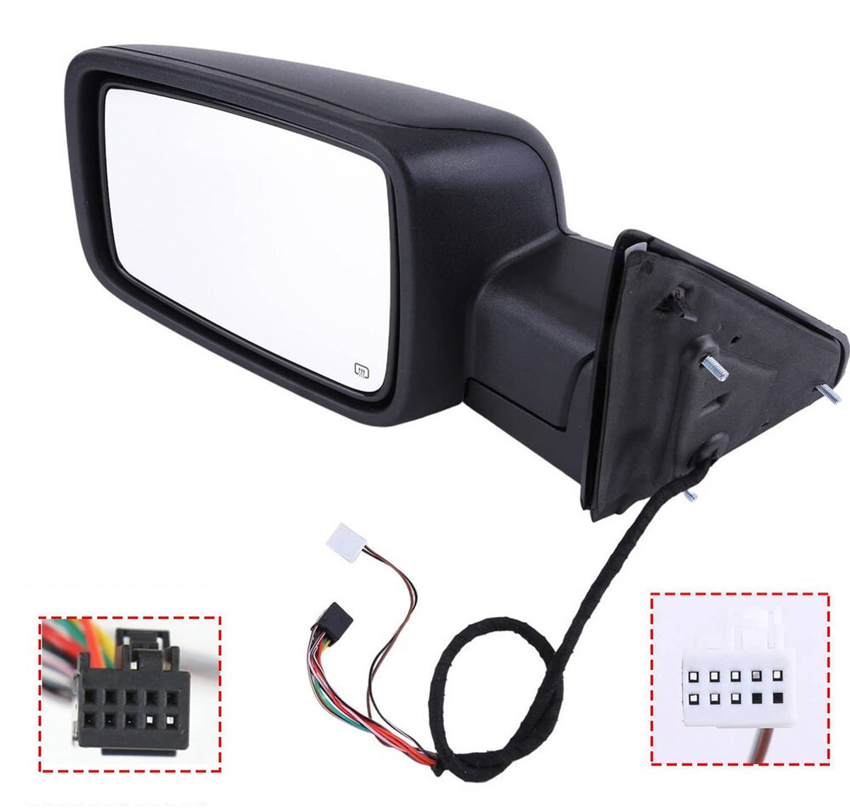 Left driver side power-fold heated mirror with temperature sensor wiring pigtail