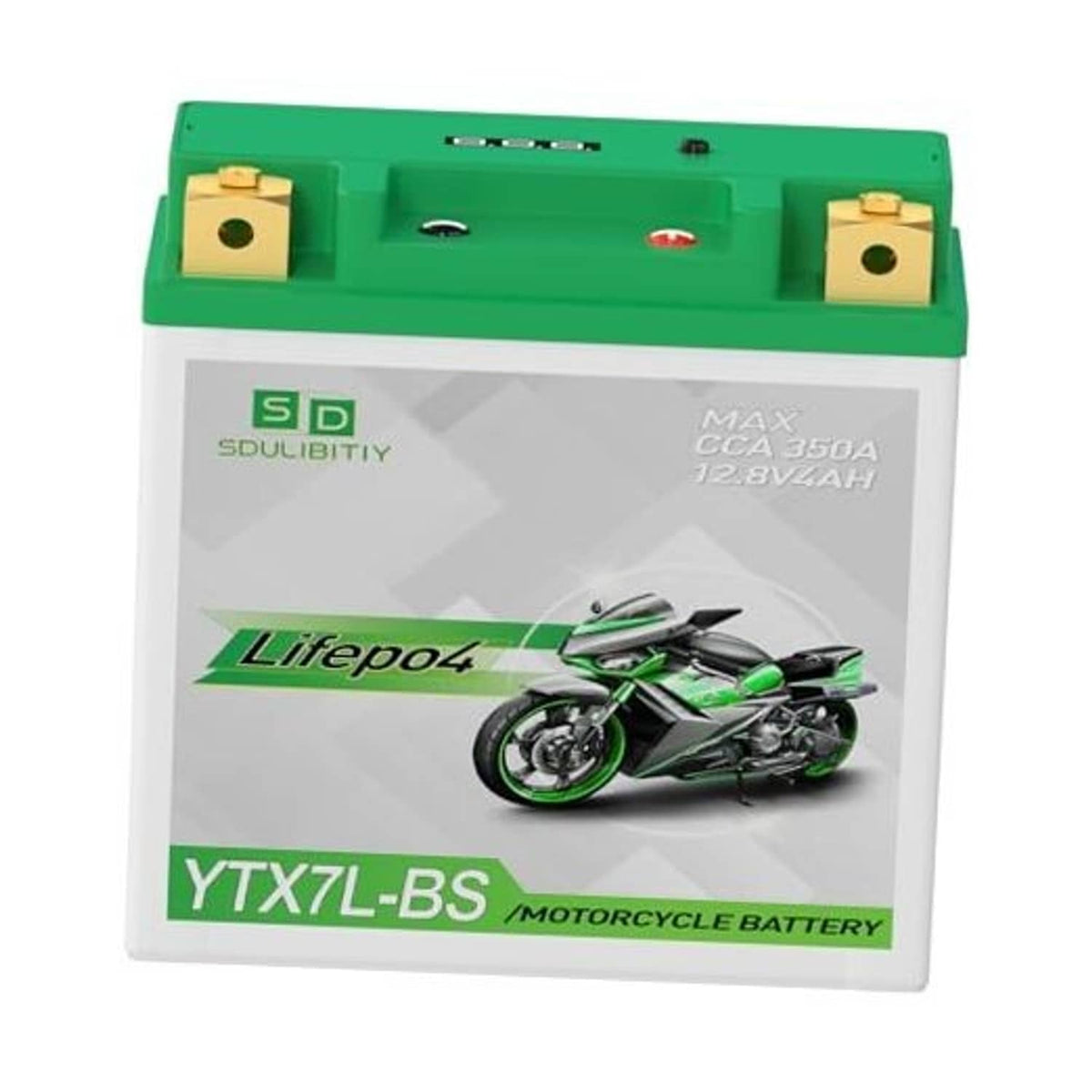 LiFePO4 motorcycle battery with green top and two brass screw terminals