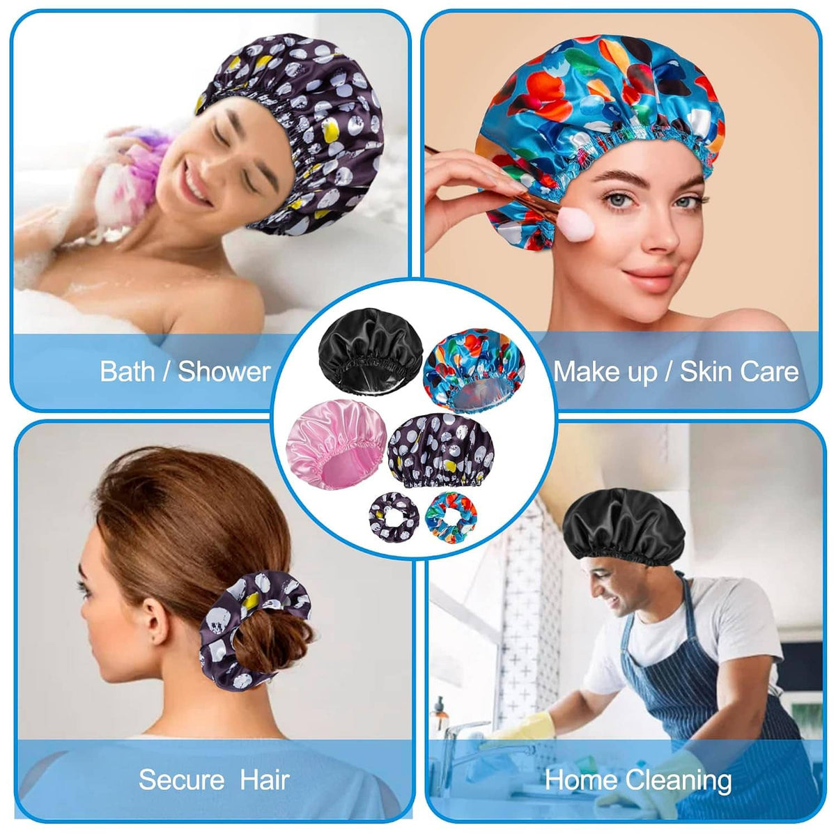 Set of shower caps and satin scrunchies with multiple patterns for bath, shower, and hair care