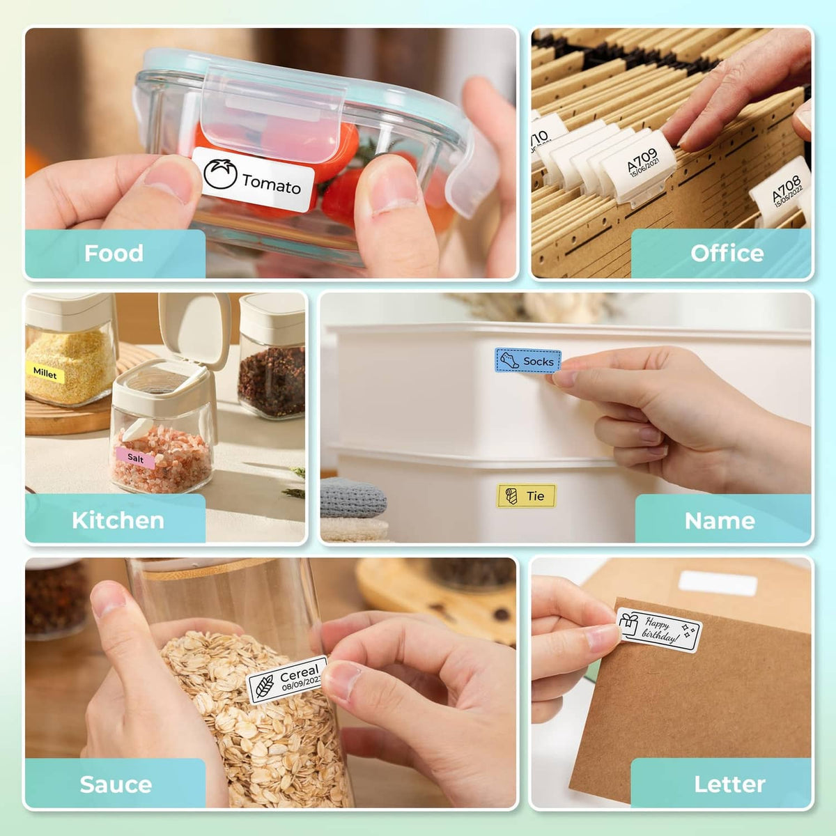 Hands placing printed labels on kitchen and office containers, including food and name tags