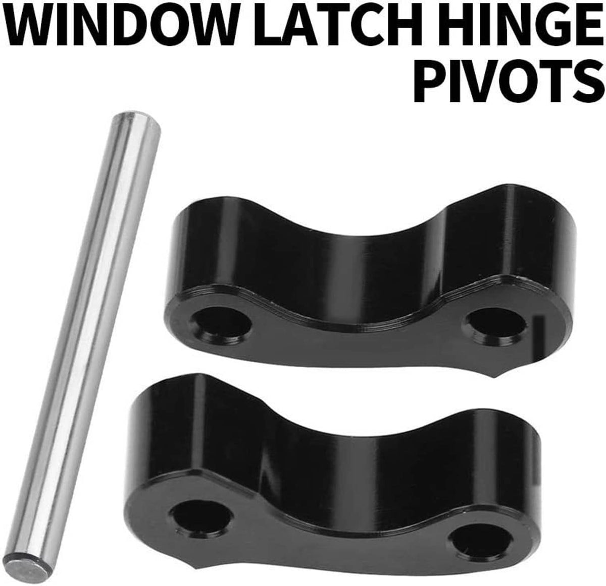 Window latch hinge pivot set: two black brackets and long silver guide pin