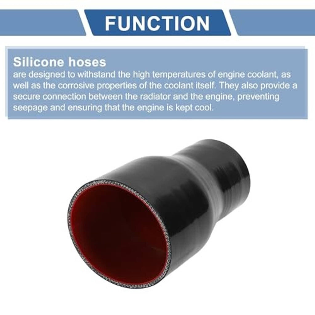 Black silicone hose reducer with red-lined opening, smooth rubber construction