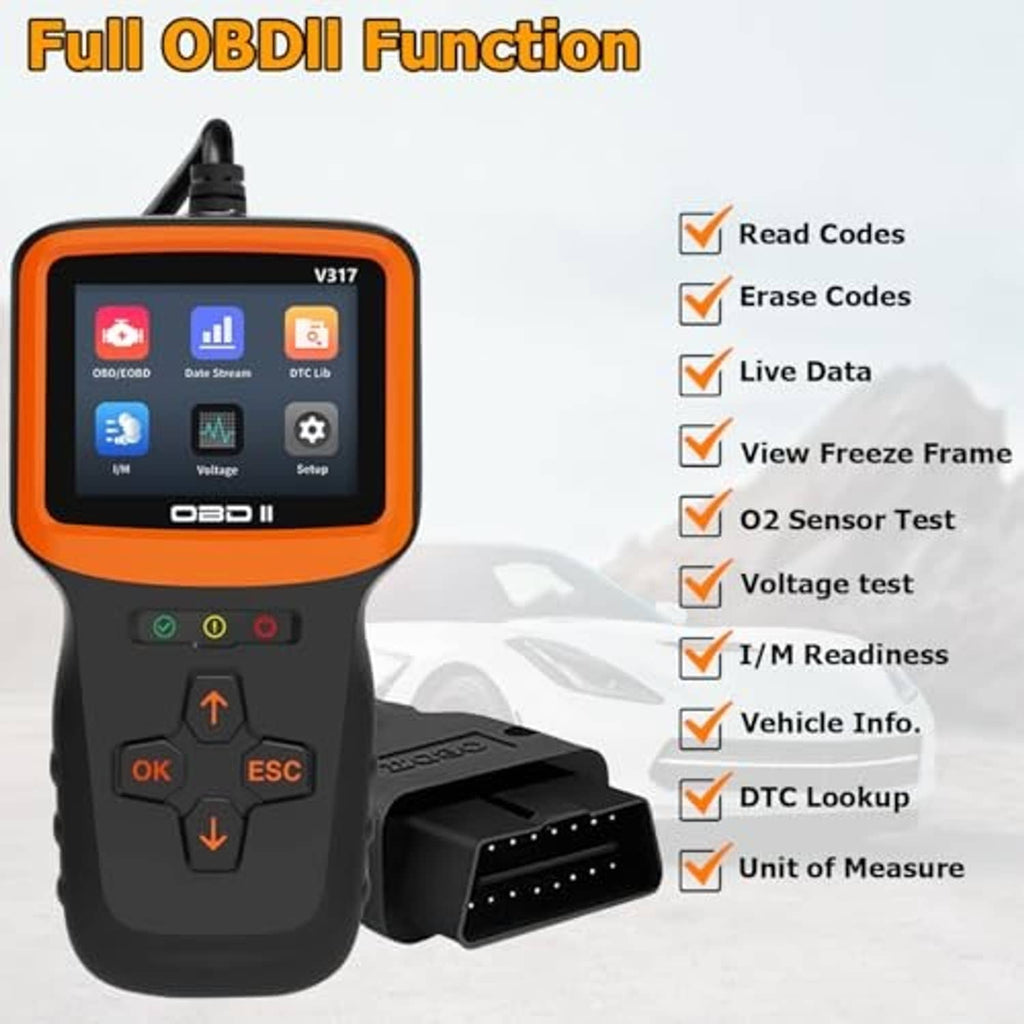 OBD2 scanner diagnostic tool showing screen and multi-function button keypad