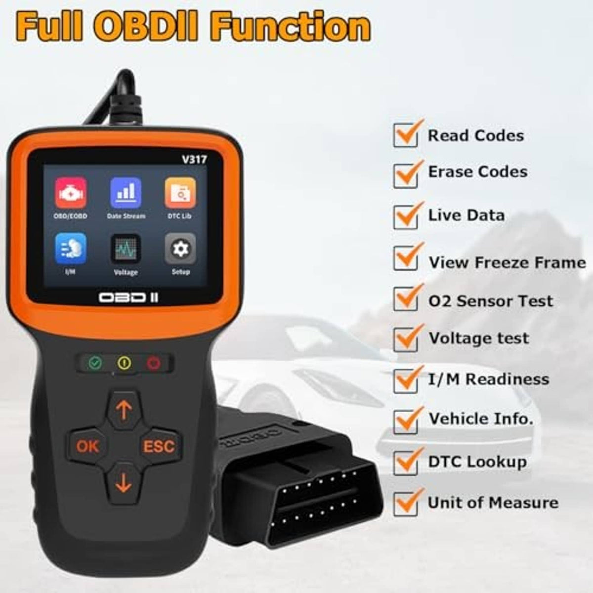 OBD2 scanner diagnostic tool showing screen and multi-function button keypad
