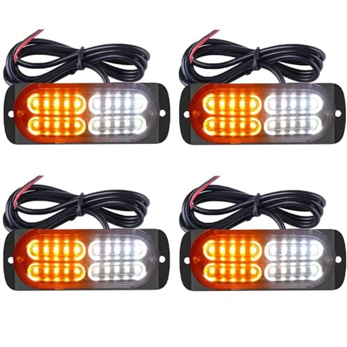 Four-pack LED strobe light bars with wired connectors, amber and white LEDs illuminated