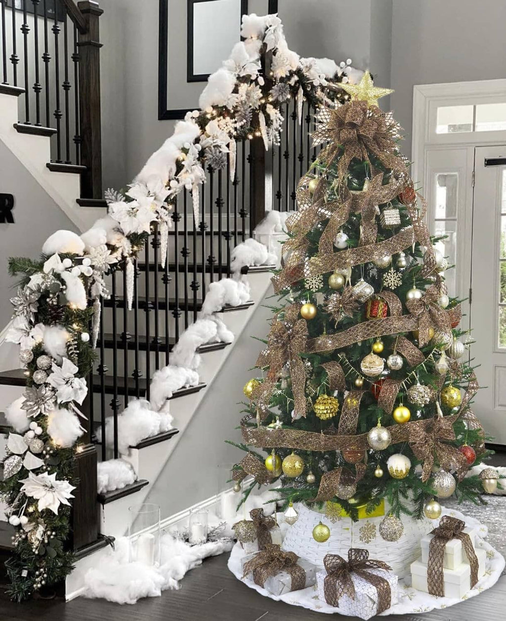 Brown glitter wired ribbon on a Christmas tree with gold ornaments