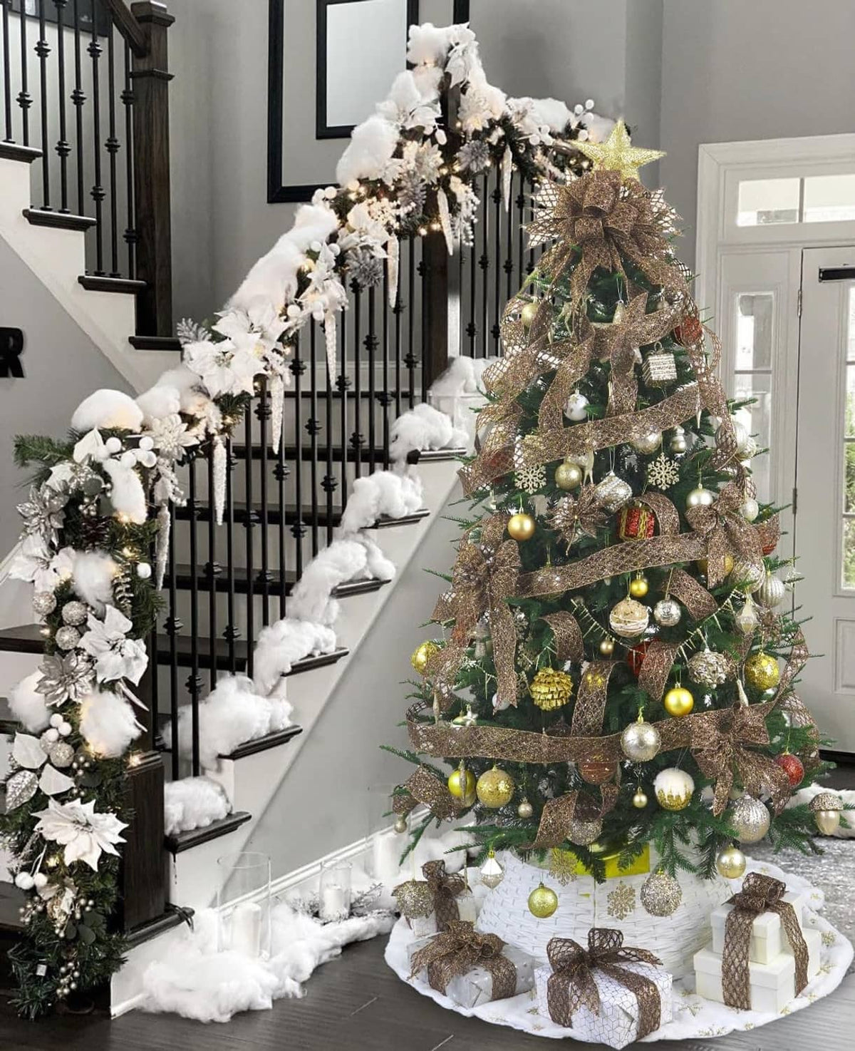 Brown glitter wired ribbon on a Christmas tree with gold ornaments