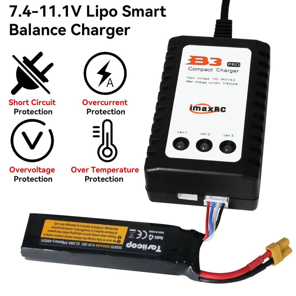 Black 7.4–11.1V LiPo balance smart charger with safety features and connector cable