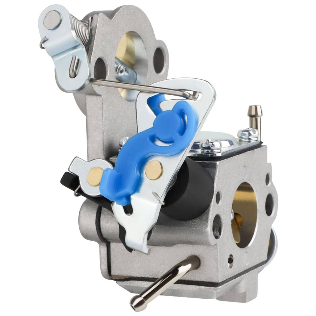 Grey carburetor with blue choke handle and gold opening, angled view