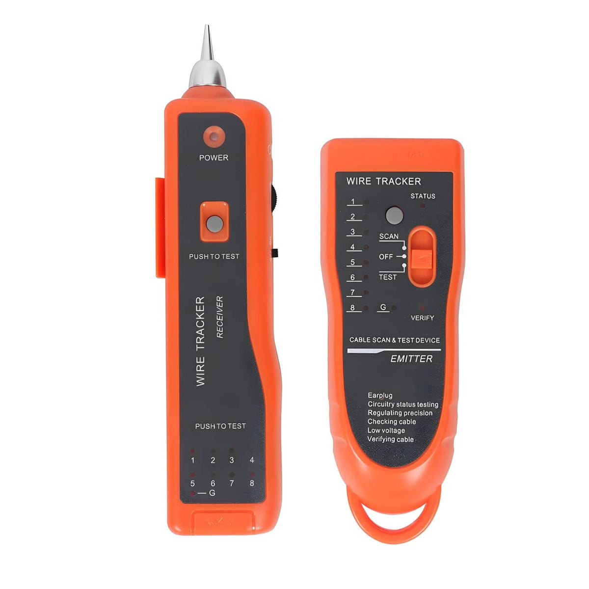 Orange handheld wire tracker network tester set, with probe and emitter display