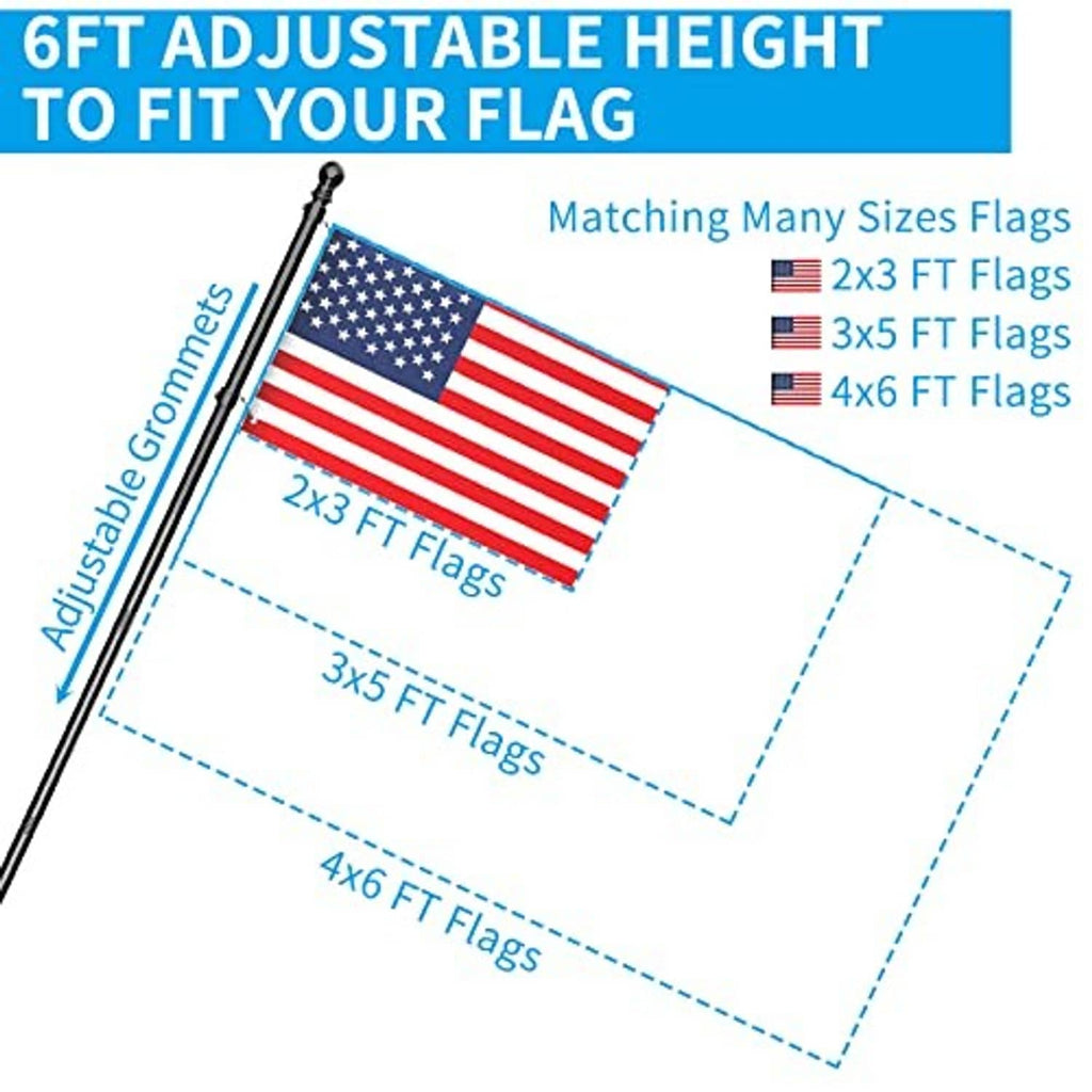 Adjustable black flag pole with grommets designed for multiple flag sizes