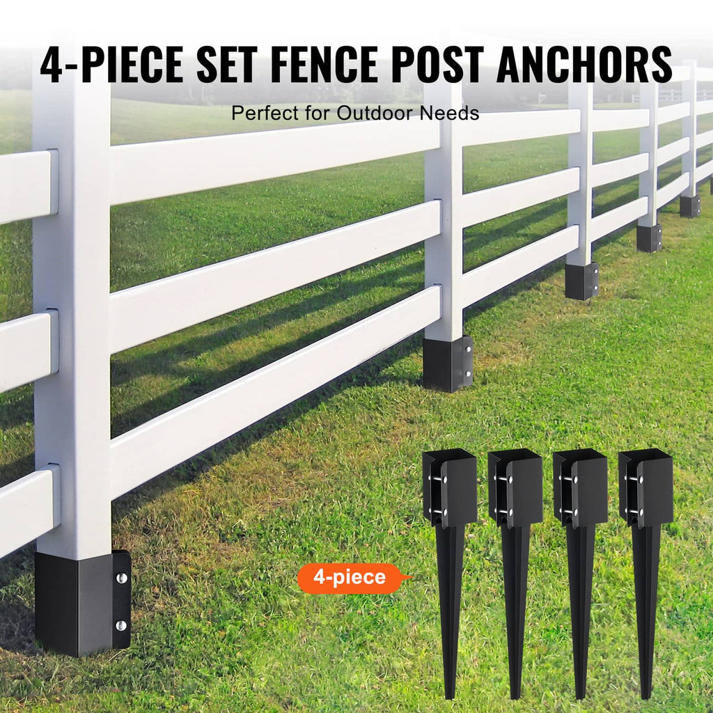 4-piece black fence post ground anchors with pointed stakes and square base plates