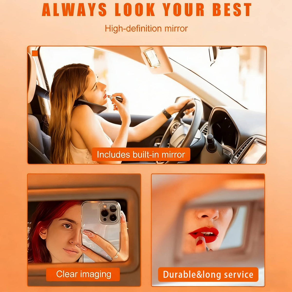 Tan car sun visor pair with built-in mirror and LED light, front cabin accessory