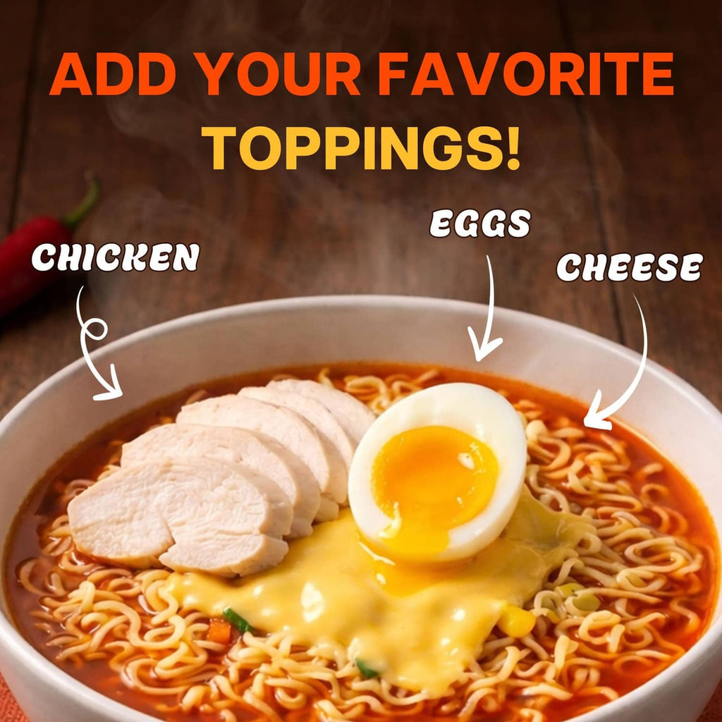 Spicy chicken ramen bowl topped with sliced chicken and a sunny-side egg