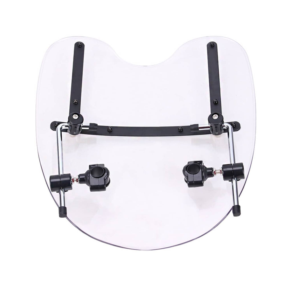 Clear motorcycle windshield with black side posts and four-piece mounting clamps.