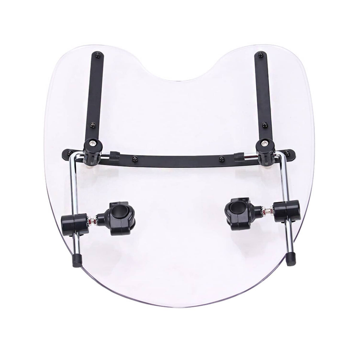Clear motorcycle windshield with black side posts and four-piece mounting clamps.