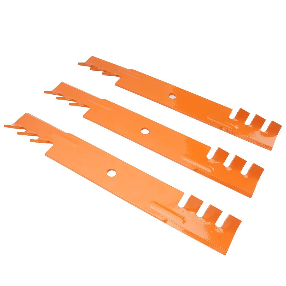 3-pack deck blades, orange steel lawn mower blades with center mounting holes and cutouts