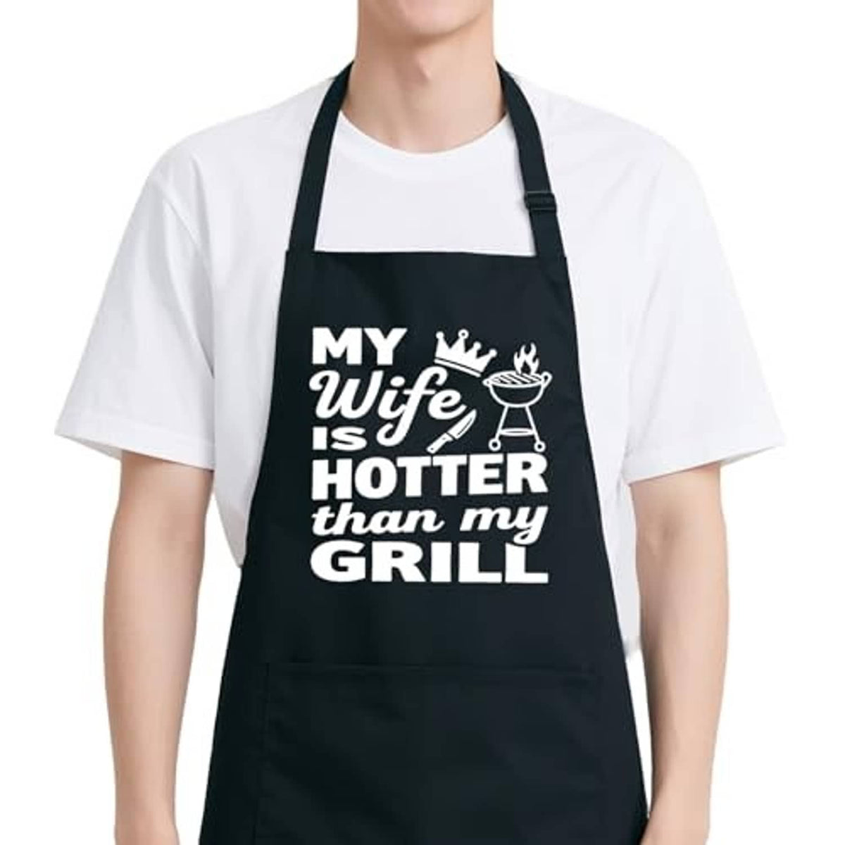 Black BBQ apron with 'MY Wife is HOTTER than my GRILL' front text and neck straps