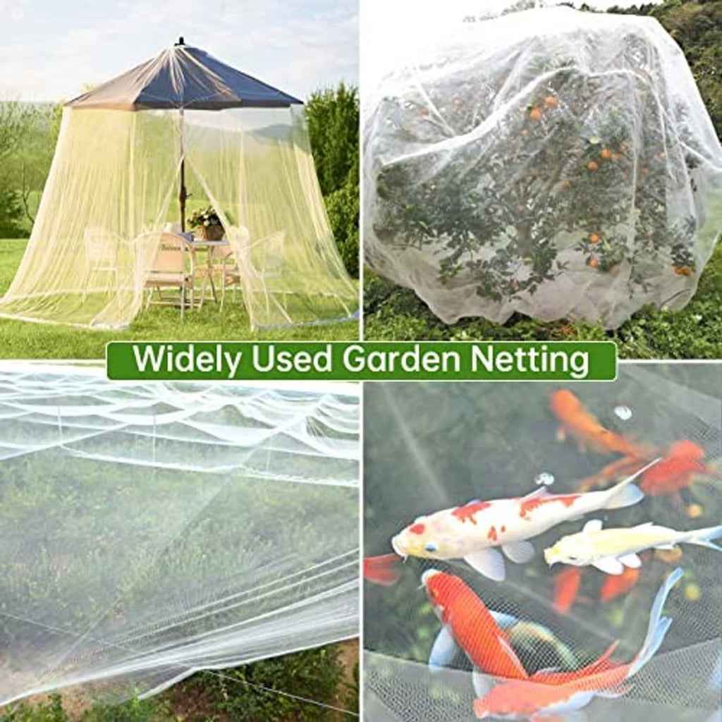 Garden insect barrier netting cover draped over plants and a tent-like frame