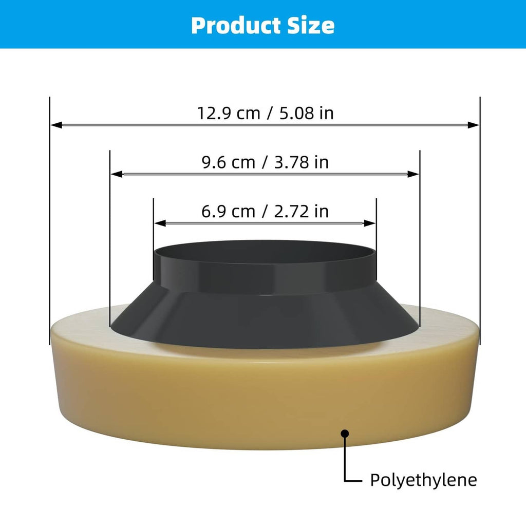 Yellow toilet wax ring gasket with polyethylene base, shown with size dimensions
