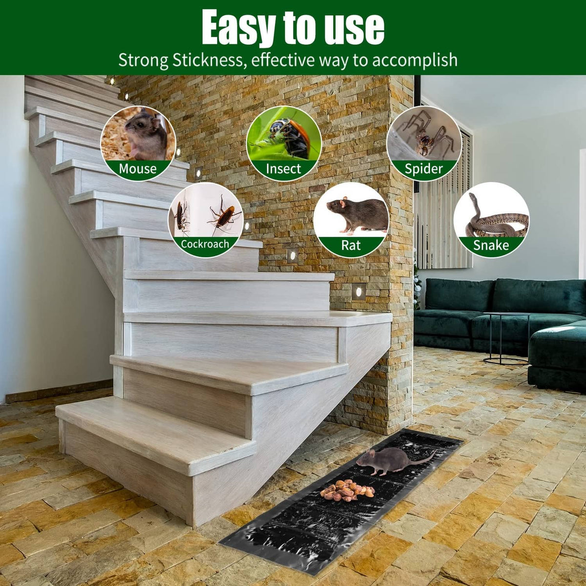 Black sticky mouse trap mat with strength icons for mice, insects, and rats
