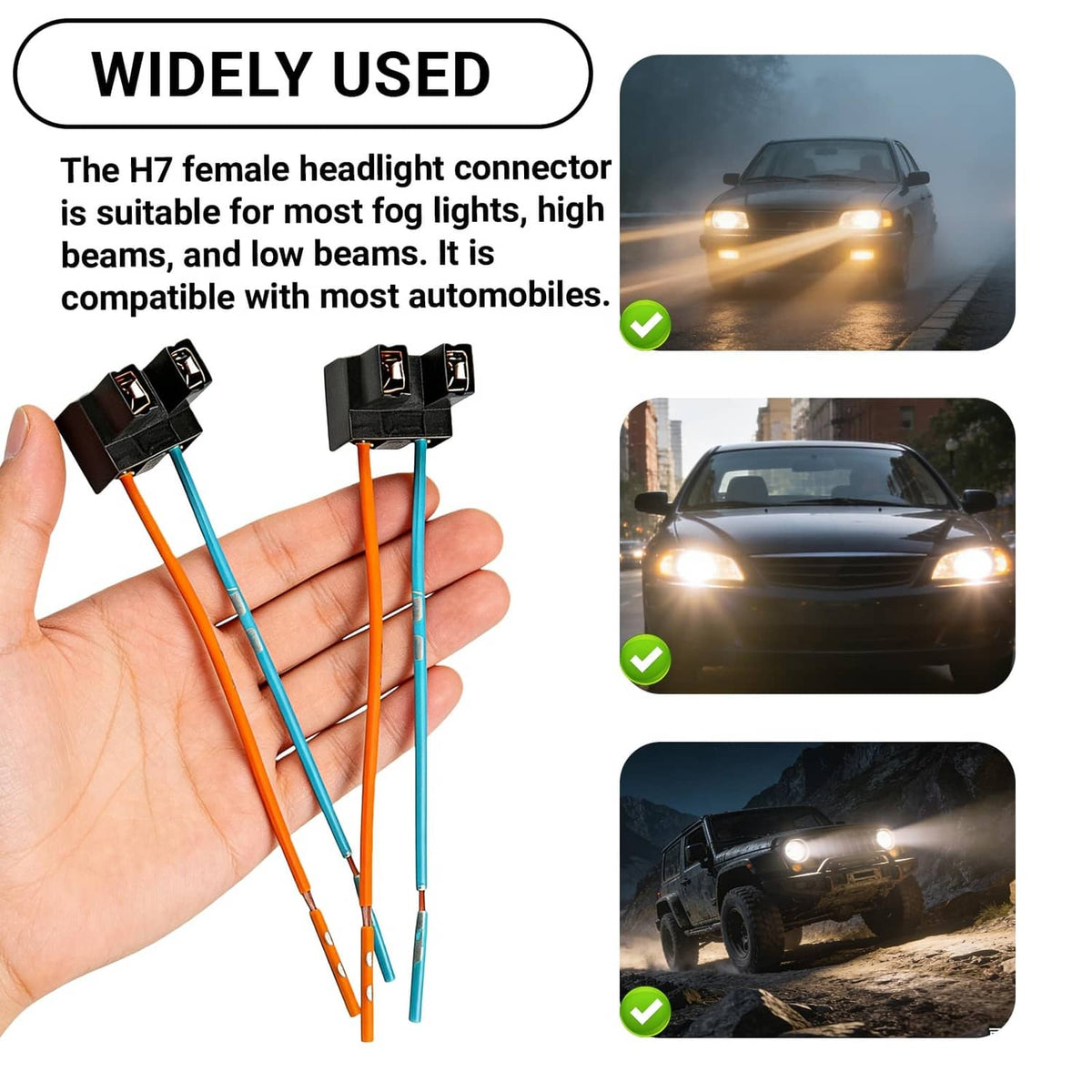 Hand holding H7 female headlight connector harnesses: black sockets with blue and orange leads